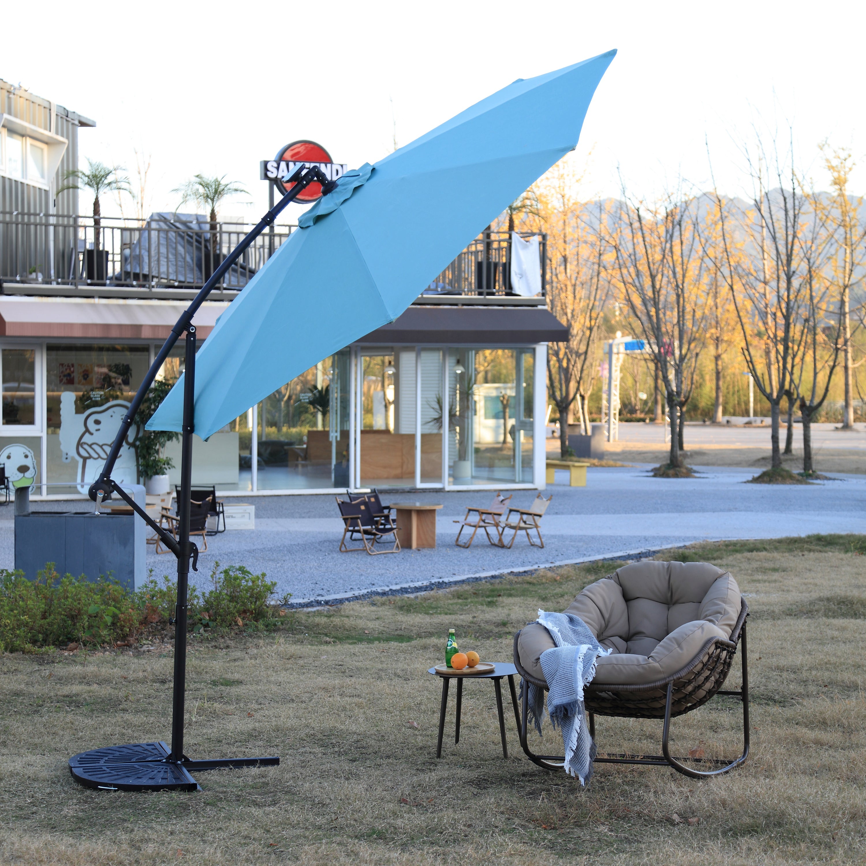 10 ft aluminum pole cantilever solar patio umbrella 10ft Square Offset Cantilever Sunbrella Umbrella | Solar Powered LED Ribs |  Tilting, Swiveling & Rotating