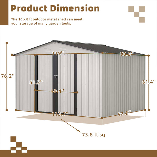 10x8 ft Metal Storage Shed white size