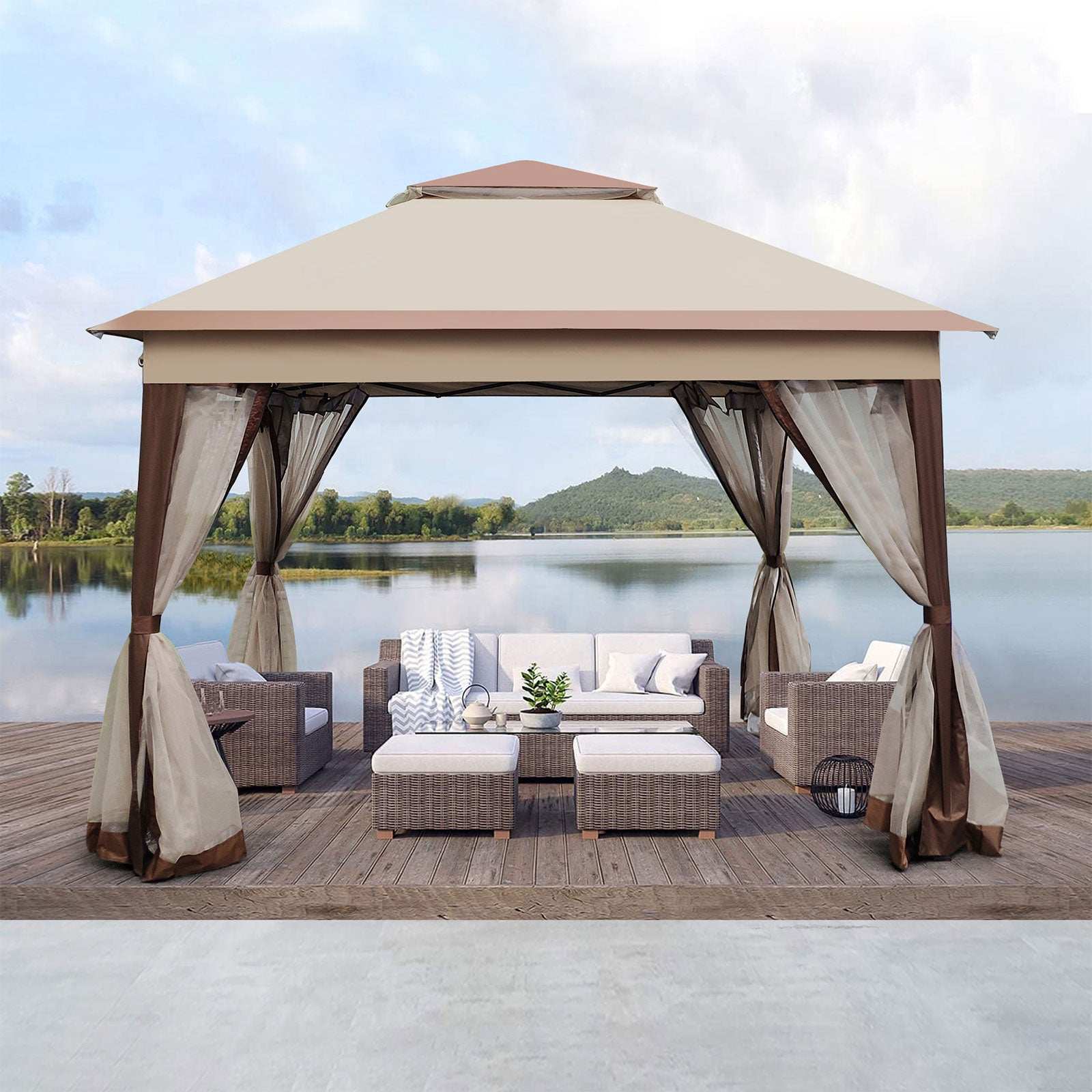 canopy tent patio 11 x 11 ft Pop Up Gazebo Canopy Shelter With Removable Zipper Netting, Instant Patio Gazebo Sun Shade Canopy Tent Coffee