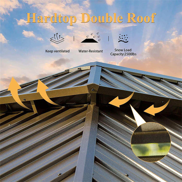 12x20 Ft Hardtop Gazebo, Outdoor Aluminum Frame Canopy with Galvanized Steel Double Roof