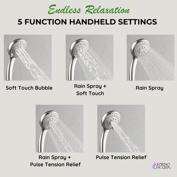 Forno Acqua AcquaFALL Shower, Polished Stainless Steel Finish, Overhead Rainfall Shower, 7 Way Diverter, Handheld Shower Head, Body Jets, 1.8 GPM Flow Rate