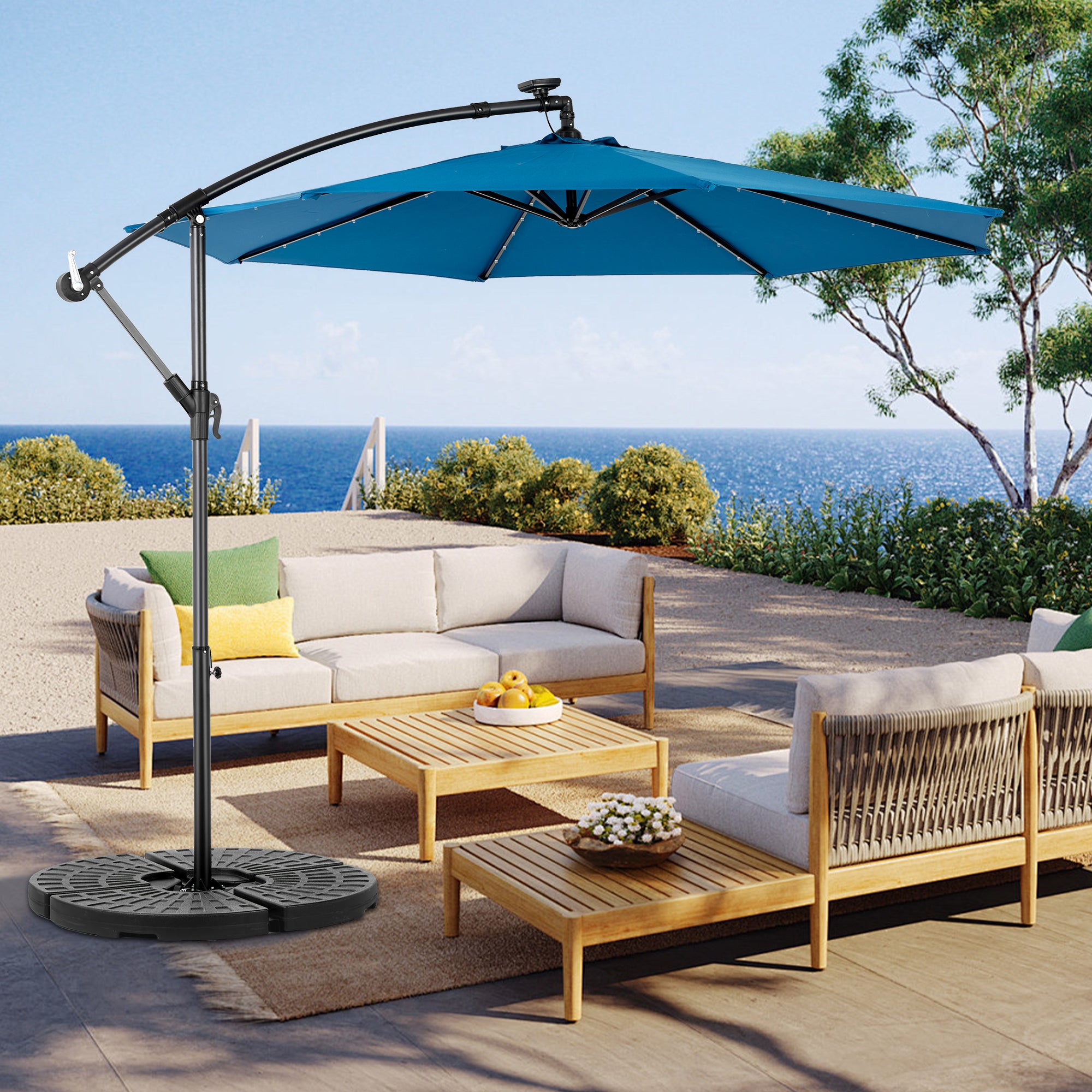 10ft Solar LED Offset Hanging Market Patio Umbrella in Dark Blue 10ft Solar LED Offset Hanging Market Patio Umbrella in Dark Blue