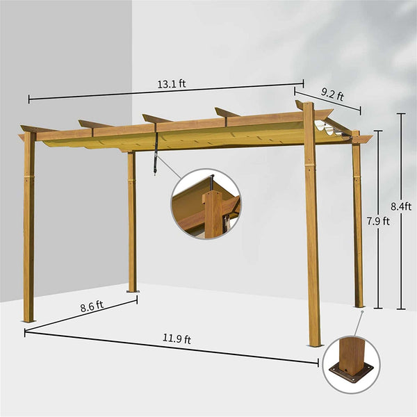 13x9 ft Retractable Pergola, Wood Grain Aluminum Pergola with Adjustable Canopy Roof