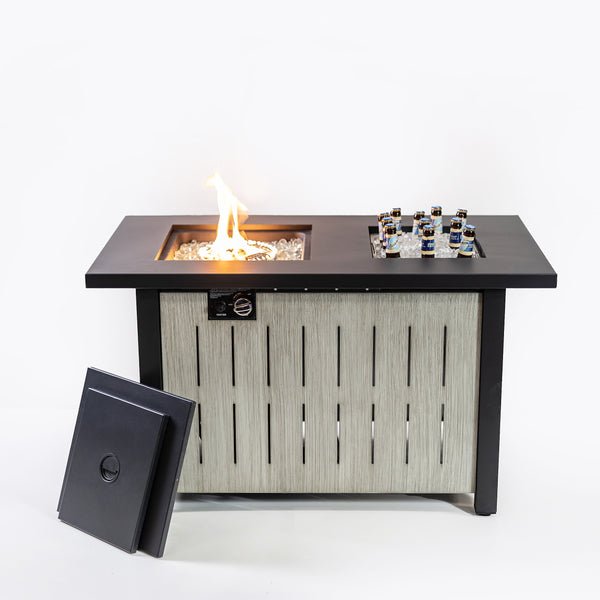 42 Inch Rectangular Outdoor Propane Gas Fire Pit Table 50,000 BTU Heater with Glass Bead Filler and Ice Bucket