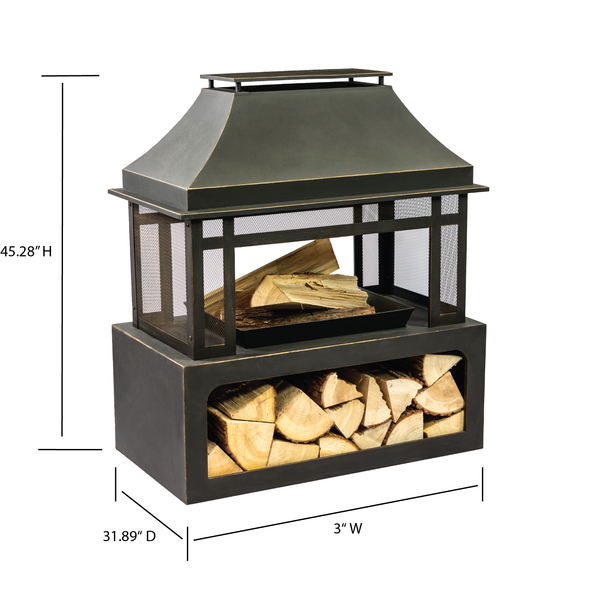 40 Inch Rectangular Outdoor Metal Wood Burning Fireplace with Log Storage and Poker