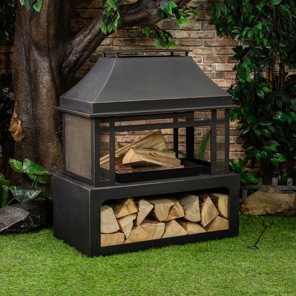 40 Inch Rectangular Outdoor Metal Wood Burning Fireplace with Log Storage and Poker
