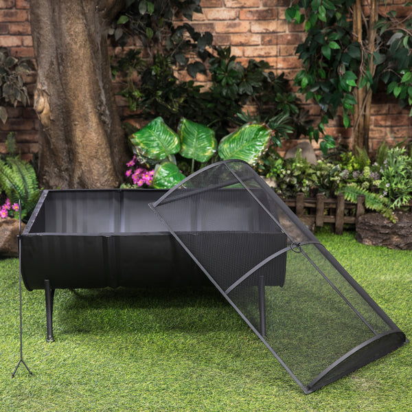 35 Inch Rectangular Outdoor Metal Wood Burning Barrel Firepit with Screen Lid and Poker