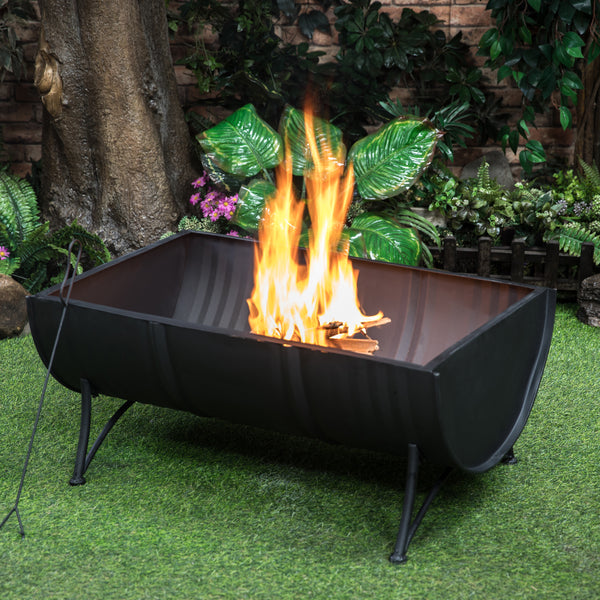 35 Inch Rectangular Outdoor Metal Wood Burning Barrel Firepit with Screen Lid and Poker
