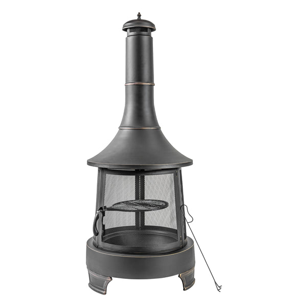 30 Inch Diameter Outdoor Steel Wood Burning Chimney Firepit with Cast Iron Cooking Grill and Poker