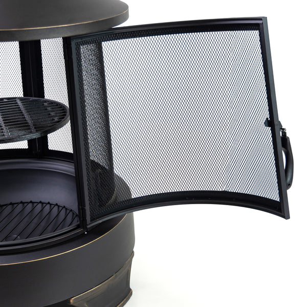 30 Inch Diameter Outdoor Steel Wood Burning Chimney Firepit with Cast Iron Cooking Grill and Poker