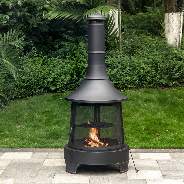 30 Inch Diameter Outdoor Steel Wood Burning Chimney Firepit with Cast Iron Cooking Grill and Poker