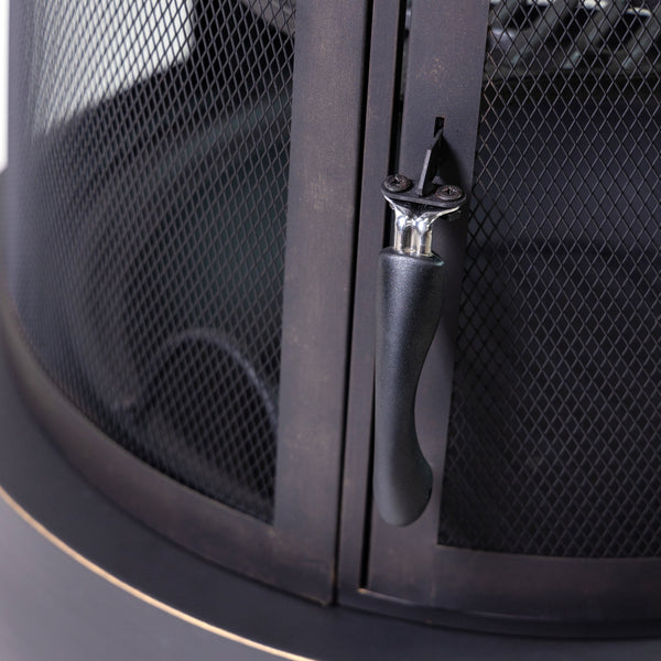 30 Inch Diameter Outdoor Steel Wood Burning Chimney Firepit with Cast Iron Cooking Grill and Poker