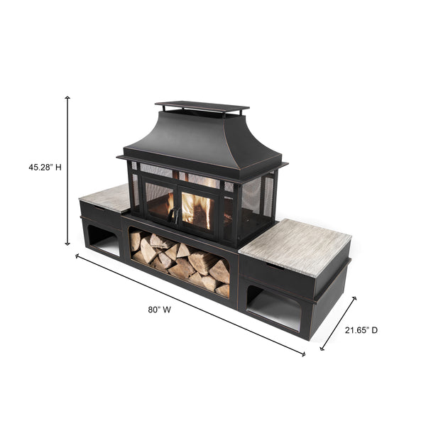 80 Inch Rectangular Outdoor Steel Wood Burning Fireplace with Log Storage, Poker and Side Tables
