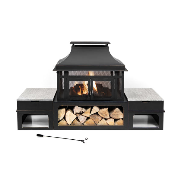 80 Inch Rectangular Outdoor Steel Wood Burning Fireplace with Log Storage, Poker and Side Tables