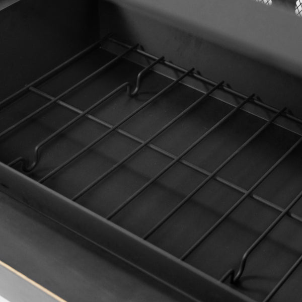 80 Inch Rectangular Outdoor Steel Wood Burning Fireplace with Log Storage, Poker and Side Tables