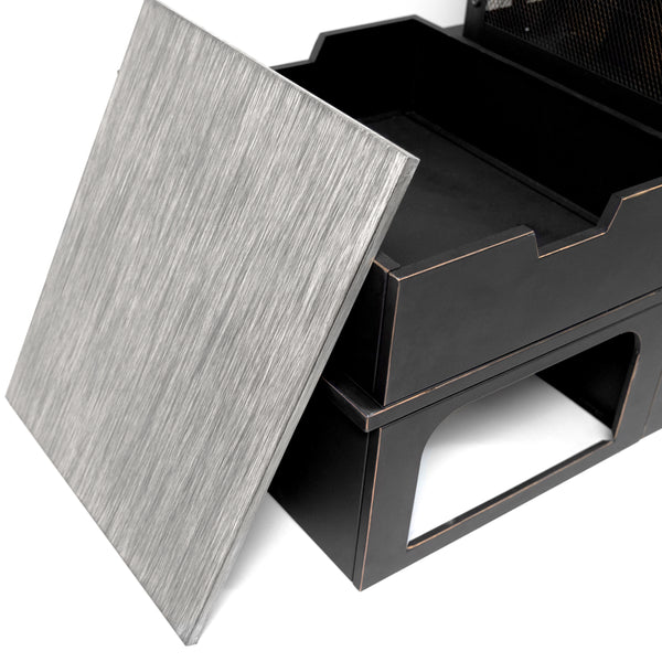 80 Inch Rectangular Outdoor Steel Wood Burning Fireplace with Log Storage, Poker and Side Tables