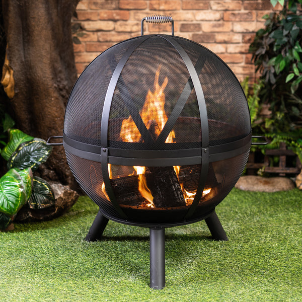 34 Inch Diameter Outdoor Steel Wood Burning Sphere Fire Pit with Screen Lid and Poker