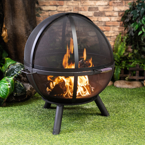 34 Inch Diameter Outdoor Steel Wood Burning Sphere Fire Pit with Screen Lid and Poker