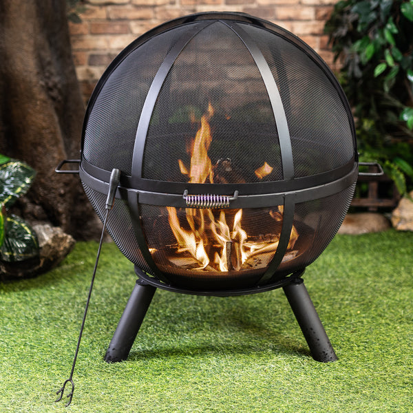 34 Inch Diameter Outdoor Steel Wood Burning Sphere Fire Pit with Screen Lid and Poker
