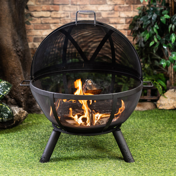 34 Inch Diameter Outdoor Steel Wood Burning Sphere Fire Pit with Screen Lid and Poker