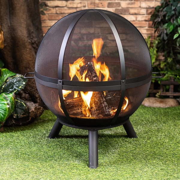 34 Inch Diameter Outdoor Steel Wood Burning Sphere Fire Pit with Screen Lid and Poker