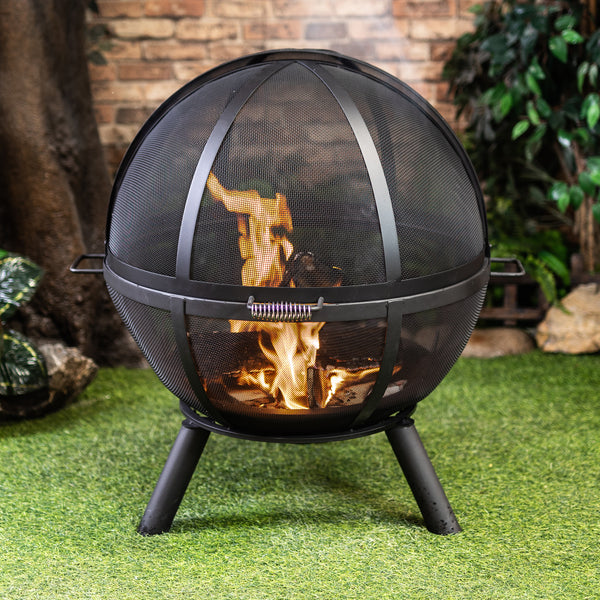 34 Inch Diameter Outdoor Steel Wood Burning Sphere Fire Pit with Screen Lid and Poker