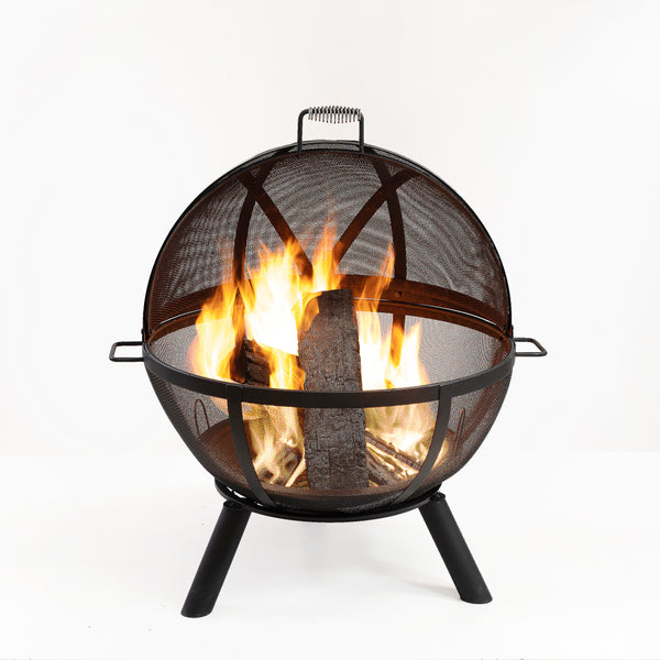 34 Inch Diameter Outdoor Steel Wood Burning Sphere Fire Pit with Screen Lid and Poker
