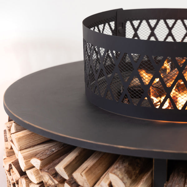 38 Inch Diameter Outdoor Steel Wood Burning Fire Pit with Log Storage, Poker and Screen Lid