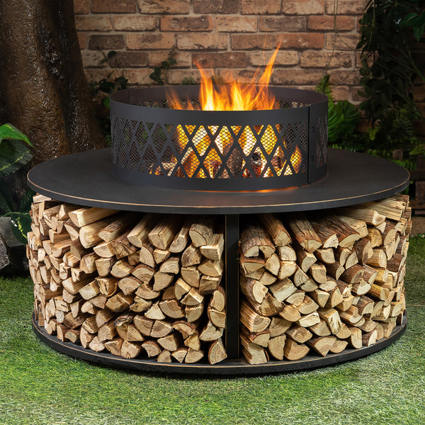 38 Inch Diameter Outdoor Steel Wood Burning Fire Pit with Log Storage, Poker and Screen Lid