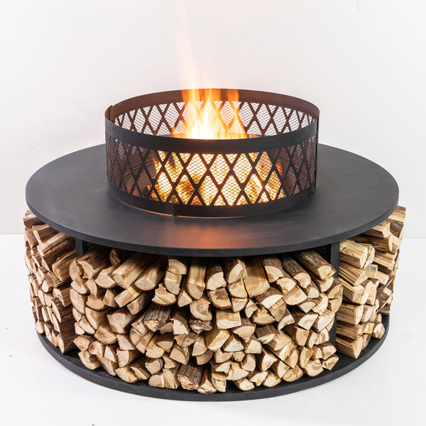 38 Inch Diameter Outdoor Steel Wood Burning Fire Pit with Log Storage, Poker and Screen Lid