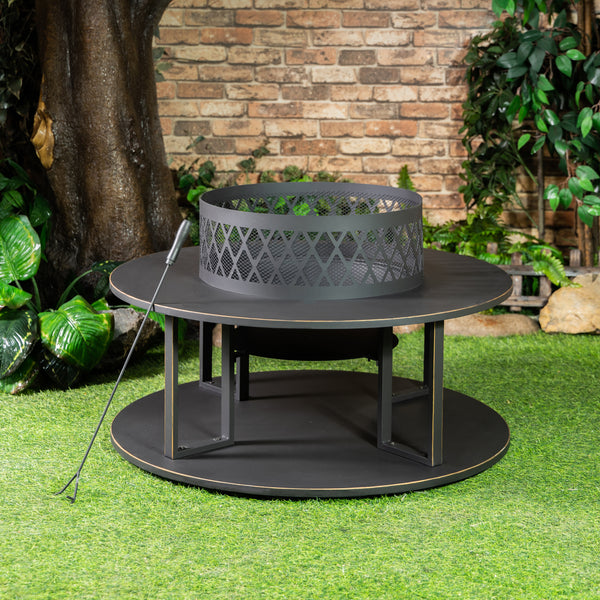 38 Inch Diameter Outdoor Steel Wood Burning Fire Pit with Log Storage, Poker and Screen Lid