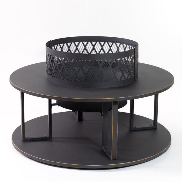 38 Inch Diameter Outdoor Steel Wood Burning Fire Pit with Log Storage, Poker and Screen Lid