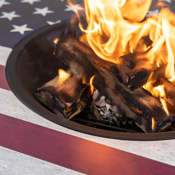 38 Inch Diameter Commemorative Outdoor Steel Wood Burning Fire Pit with Log Storage, Poker and Screen Lid