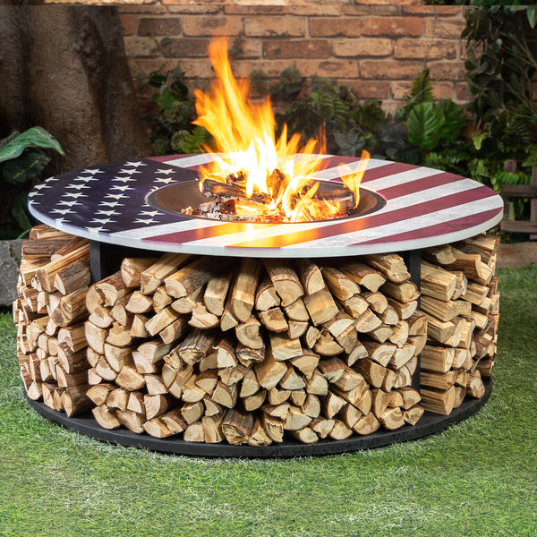38 Inch Diameter Commemorative Outdoor Steel Wood Burning Fire Pit with Log Storage, Poker and Screen Lid
