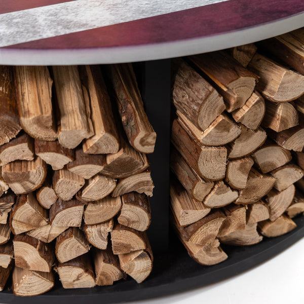 38 Inch Diameter Commemorative Outdoor Steel Wood Burning Fire Pit with Log Storage, Poker and Screen Lid