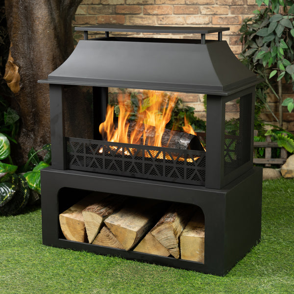 36 Inch Rectangular Outdoor Steel Wood Burning Fireplace with Log Storage Compartment and Poker