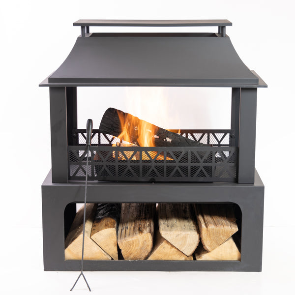 36 Inch Rectangular Outdoor Steel Wood Burning Fireplace with Log Storage Compartment and Poker