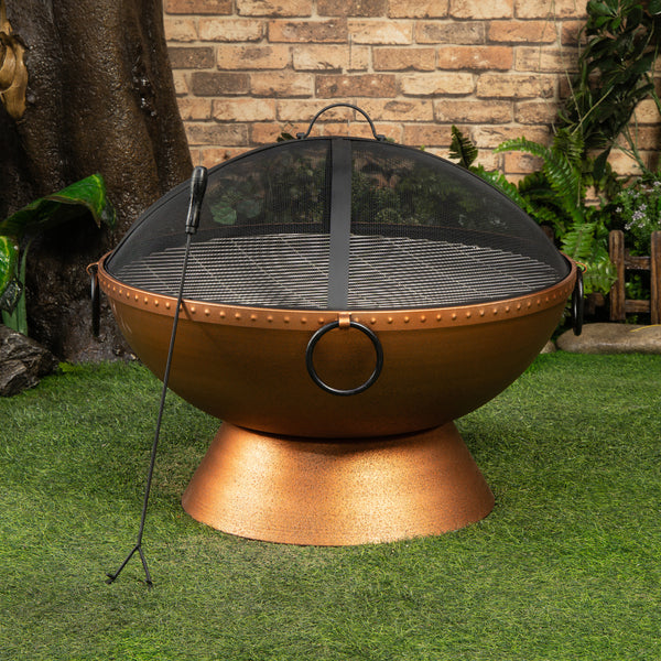 31 Inch Round Outdoor Steel Wood Burning Firebowl / Firepit with Screen Lid and Poker