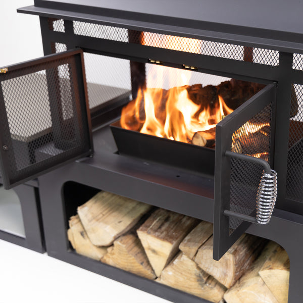 70 Inch Rectangular Outdoor Steel Wood Burning Fireplace with Log Storage, Poker and Side Tables