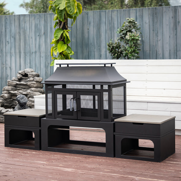 70 Inch Rectangular Outdoor Steel Wood Burning Fireplace with Log Storage, Poker and Side Tables