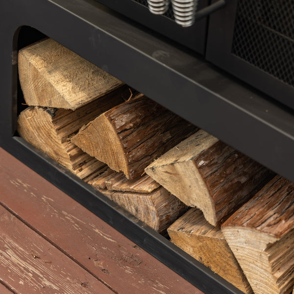 70 Inch Rectangular Outdoor Steel Wood Burning Fireplace with Log Storage, Poker and Side Tables