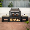 70 Inch Rectangular Outdoor Steel Wood Burning Fireplace with Log Storage, Poker and Side Tables
