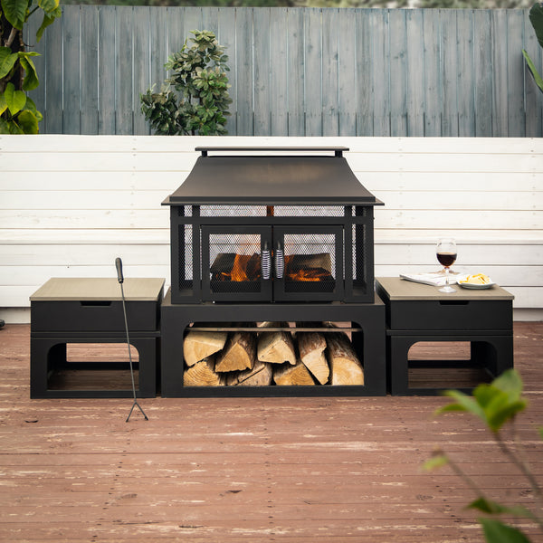 70 Inch Rectangular Outdoor Steel Wood Burning Fireplace with Log Storage, Poker and Side Tables