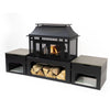 70 Inch Rectangular Outdoor Steel Wood Burning Fireplace with Log Storage, Poker and Side Tables