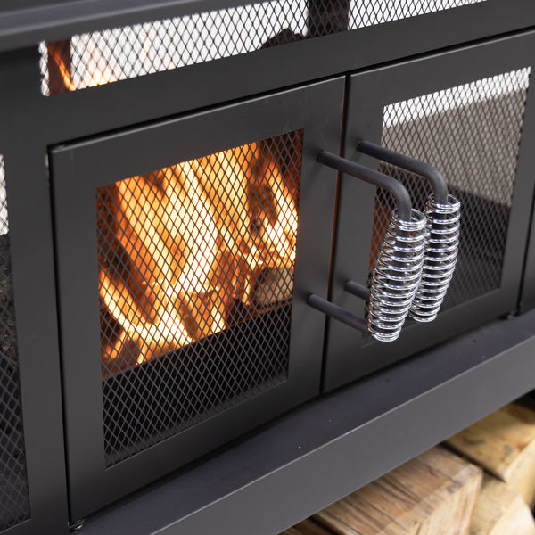 70 Inch Rectangular Outdoor Steel Wood Burning Fireplace with Log Storage, Poker and Side Tables