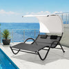 Outdoor Double Chaise Textilene Lounge Daybed with Canopy and Headrest Pillows