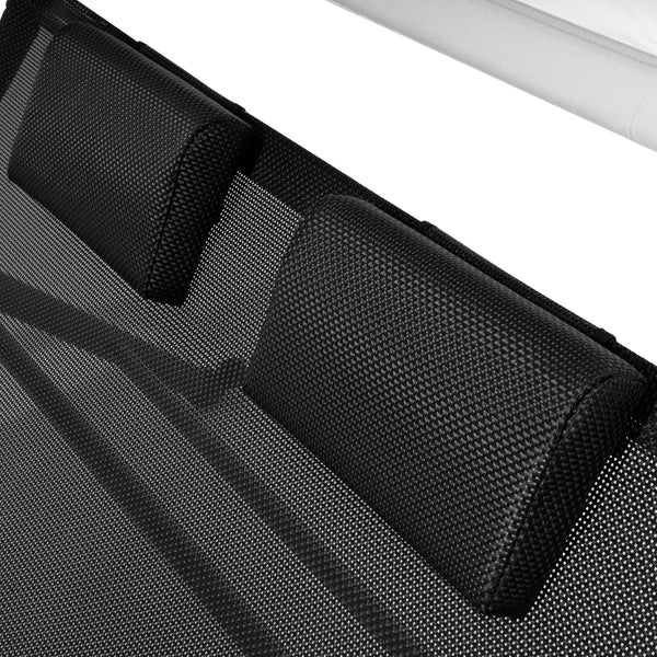 Outdoor Double Chaise Textilene Lounge Daybed with Canopy and Headrest Pillows