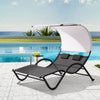 Outdoor Double Chaise Textilene Lounge Daybed with Canopy and Headrest Pillows