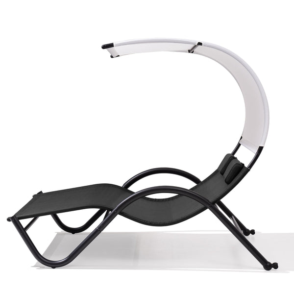 Outdoor Double Chaise Textilene Lounge Daybed with Canopy and Headrest Pillows