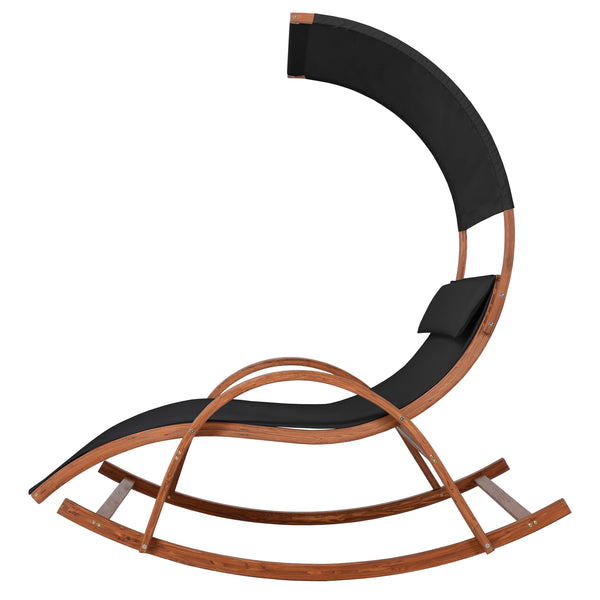 Outdoor Cedar Wood Patio Lounge Daybed with Black Textilene Fabric & Canopy